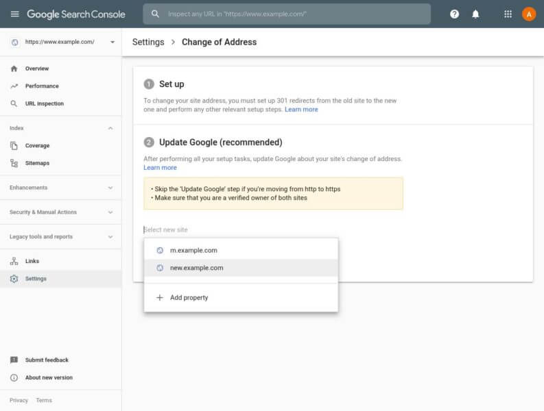 Google serach console change of address